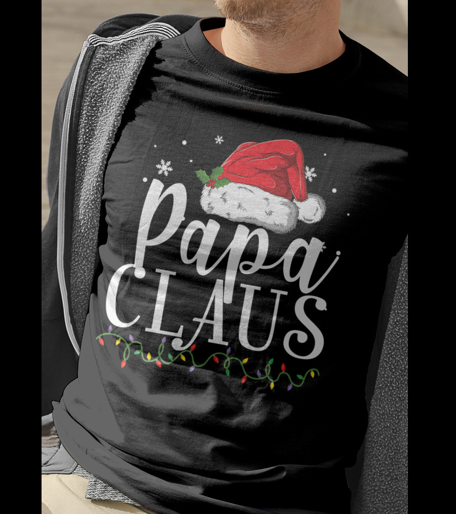 Papa Claus Christmas Hat Snowflakes Lights T-Shirt