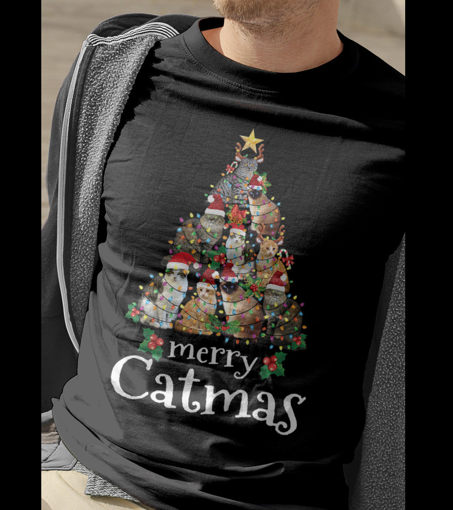Merry Catmas Xmas Kids Funny Cat Christmas Tree With Cats In Santa Hats And Lights T-Shirt
