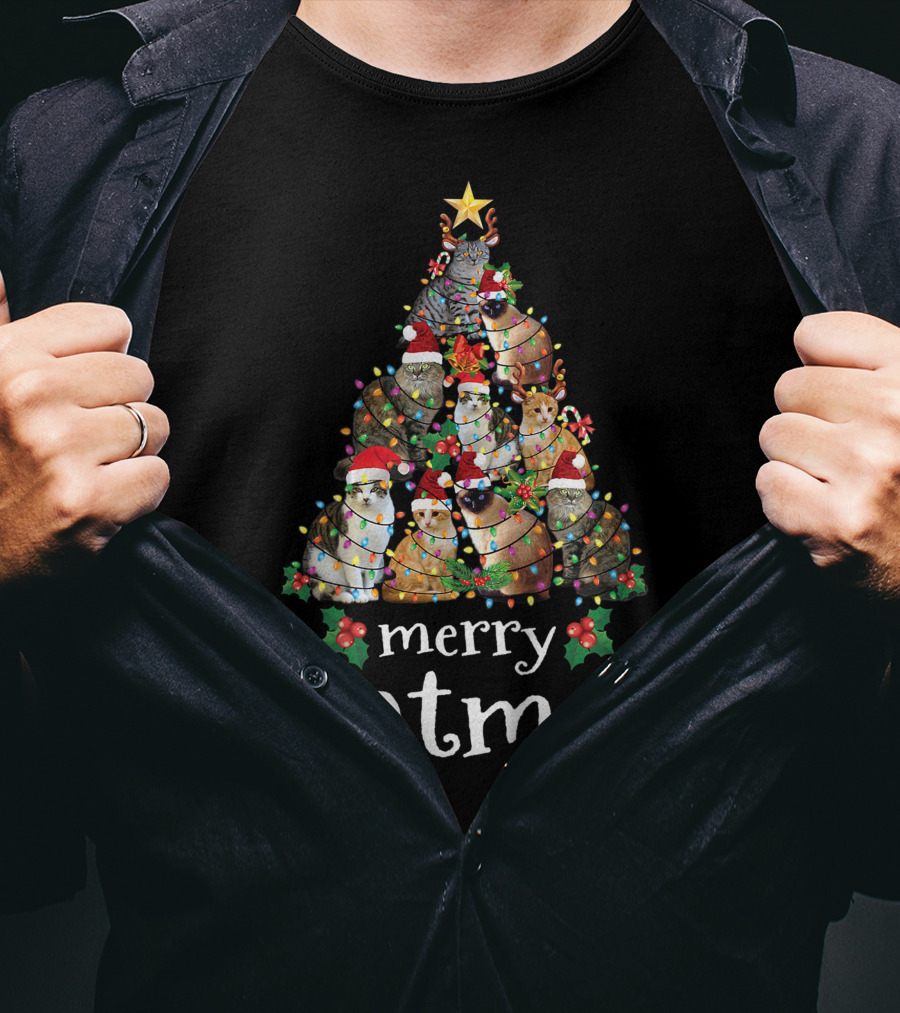 Merry Catmas Xmas Kids Funny Cat Christmas Tree With Cats In Santa Hats And Lights T-Shirt
