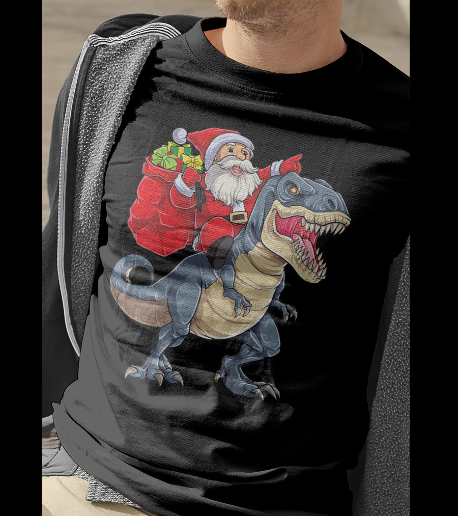 Santa Claus Riding T-Rex With Gifts T-Shirt