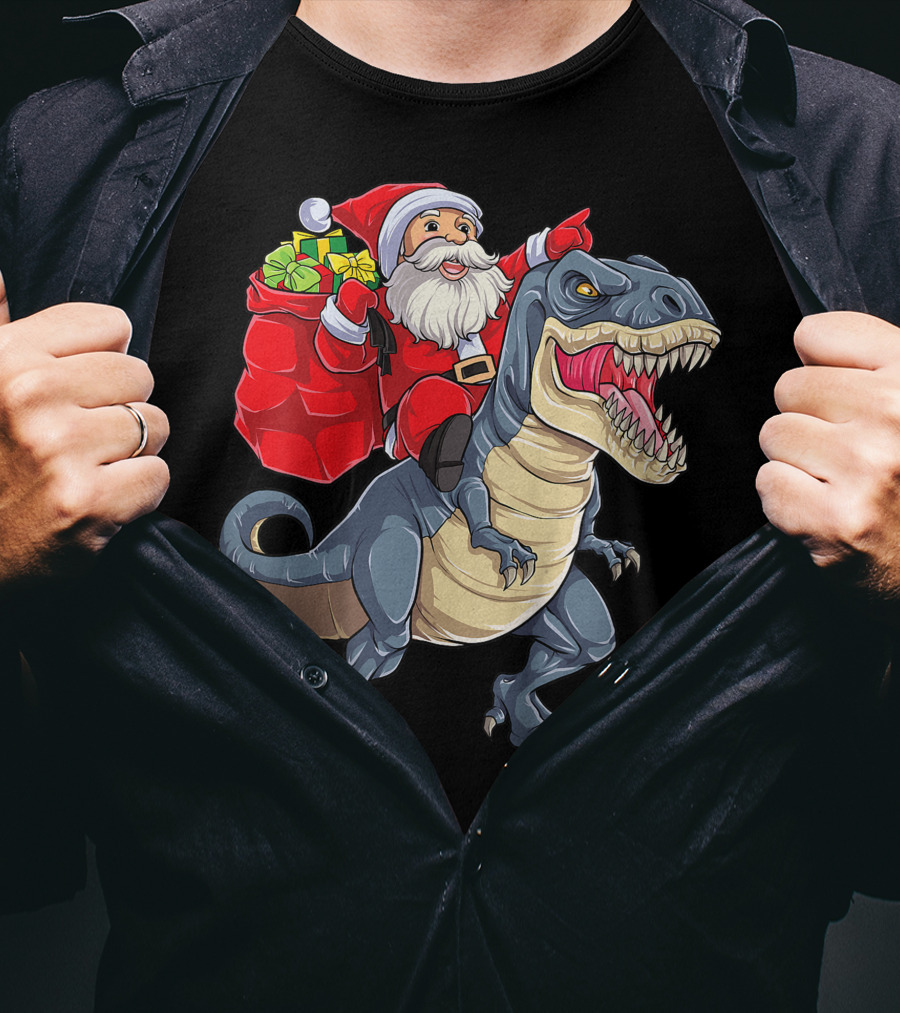 Santa Claus Riding T-Rex With Gifts T-Shirt