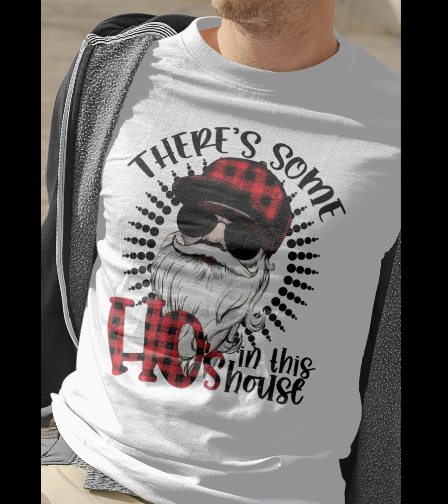There's Some Hos In This House Funny Santa Claus Red Plaid Hat Sunglasses T-Shirt