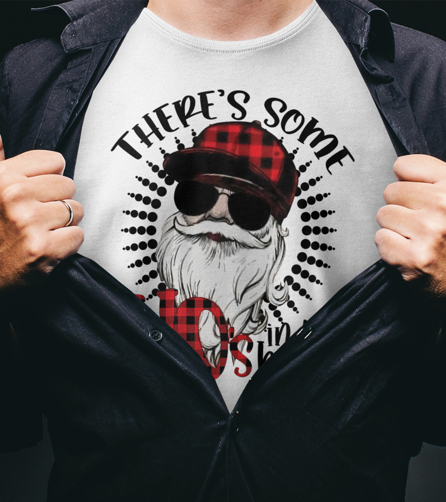 There's Some Hos In This House Funny Santa Claus Red Plaid Hat Sunglasses T-Shirt