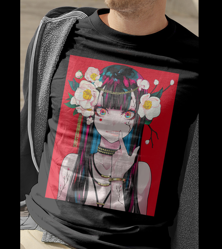 Anime Girl Japanese Aesthetic Otaku Red Background Flowers T-Shirt