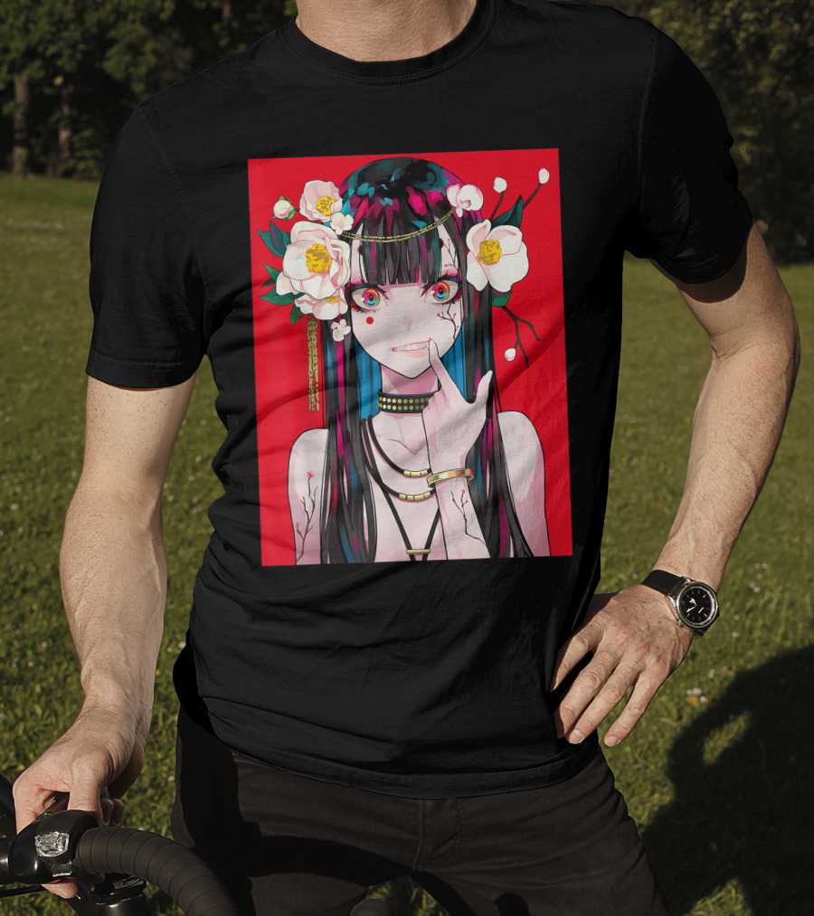 Anime Girl Japanese Aesthetic Otaku Red Background Flowers T-Shirt