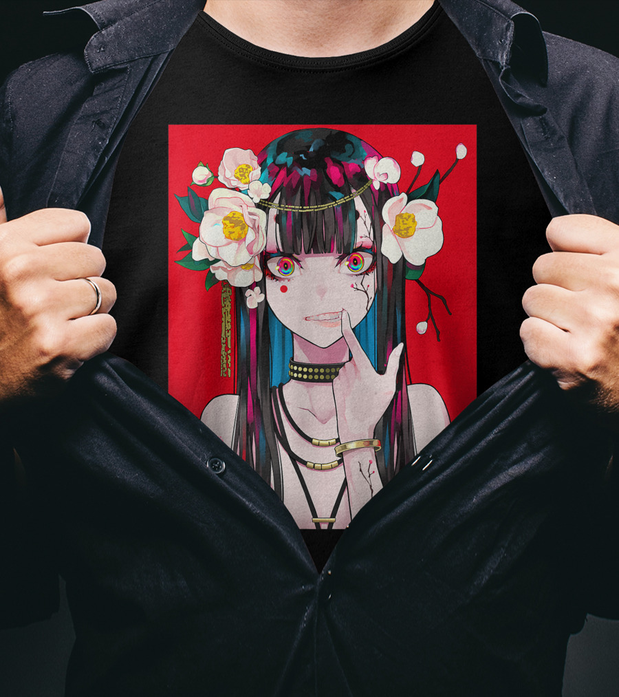 Anime Girl Japanese Aesthetic Otaku Red Background Flowers T-Shirt