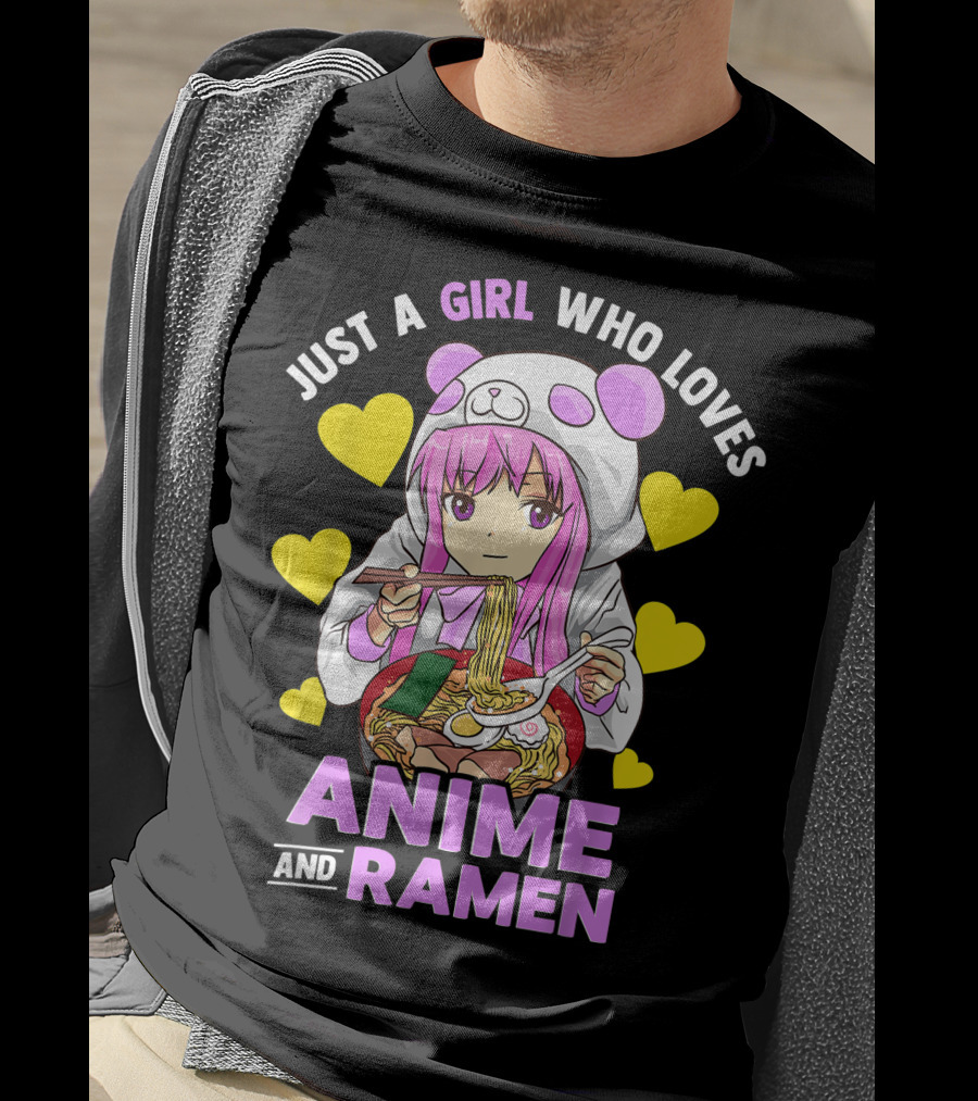 Just A Girl Who Loves Anime And Ramen Panda Hoodie Pink Hair T-Shirt