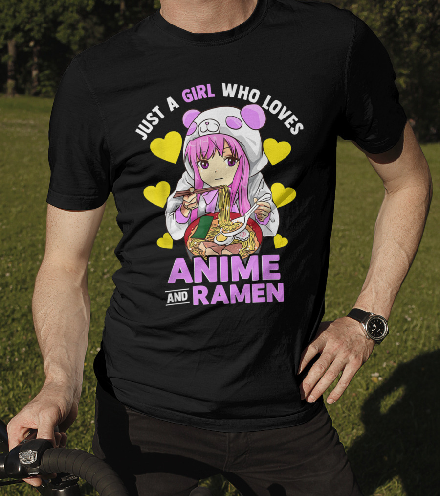Just A Girl Who Loves Anime And Ramen Panda Hoodie Pink Hair T-Shirt