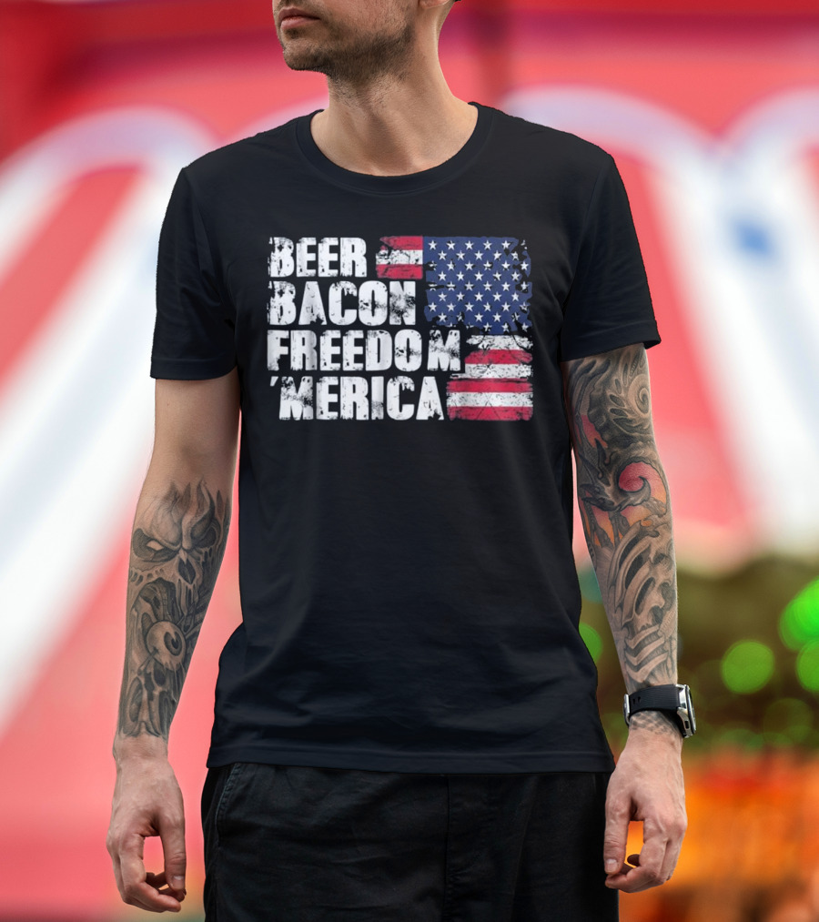 Beer Bacon Freedom Merica American Flag Patriotic T-Shirt