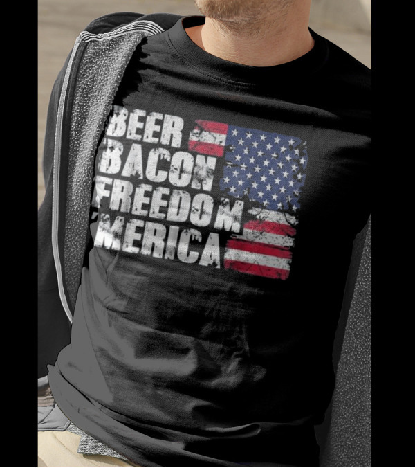 Beer Bacon Freedom Merica American Flag Patriotic T-Shirt