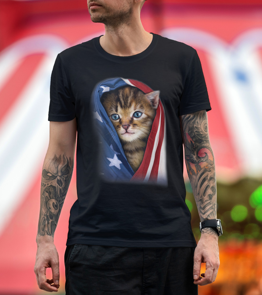 Kitten Wrapped in American Flag Headscarf with Patriotic T-Shirt