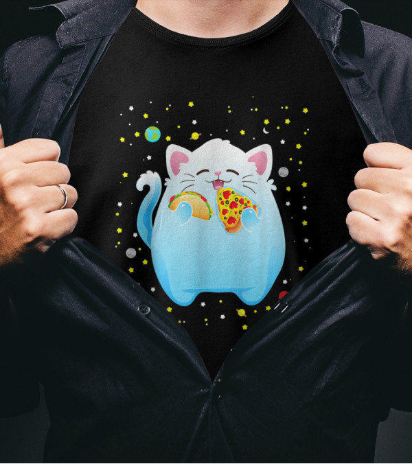 Playful Cat Enjoying Taco And Pizza In Space With Stars And Planets T-Shirt