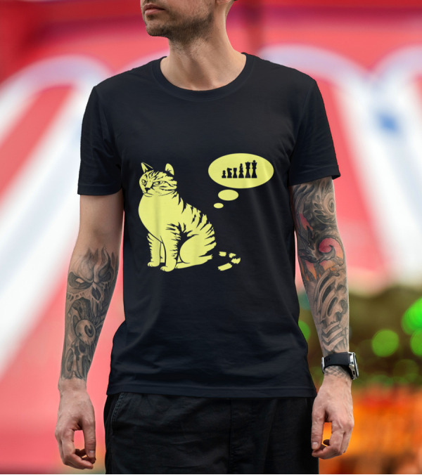 Premium T-Shirt: Cat Contemplating Chess Pieces Thinking Bubble T-Shirt Cat Contemplating Chess Pieces Thinking Bubble T-Shirt