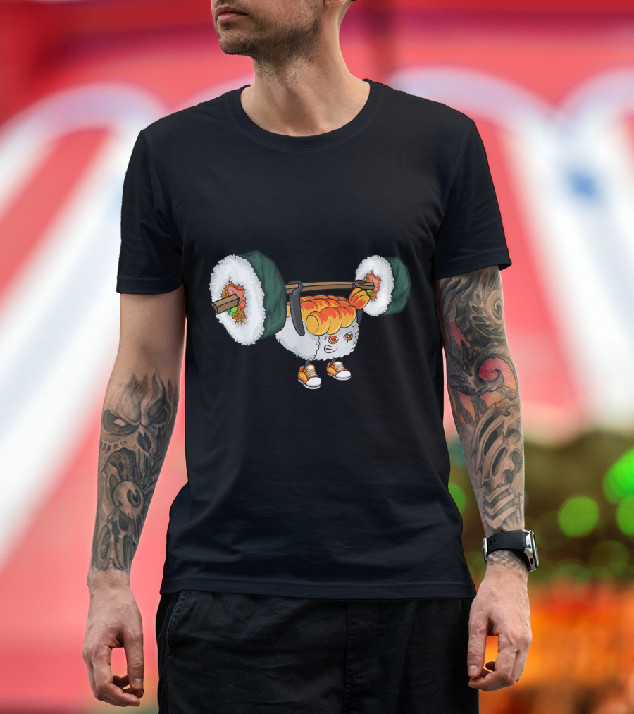 Cute Sushi Weightlifting Cartoon Inspired by Japanese Food Humor T-Shirt