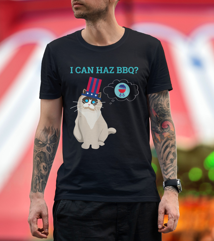 Cat with Patriotic Hat I Can Haz BBQ 4th of July American Independence T-Shirt