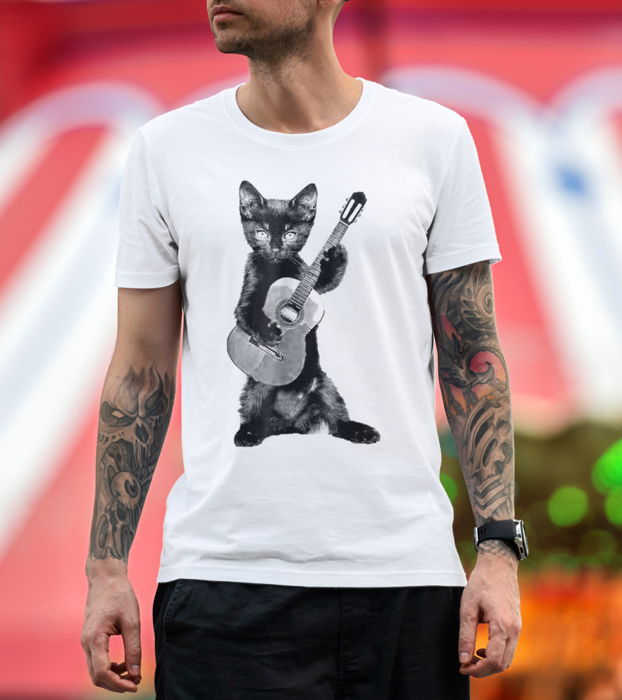 Kitten Holding Guitar with Whimsical Cat Charm T-Shirt