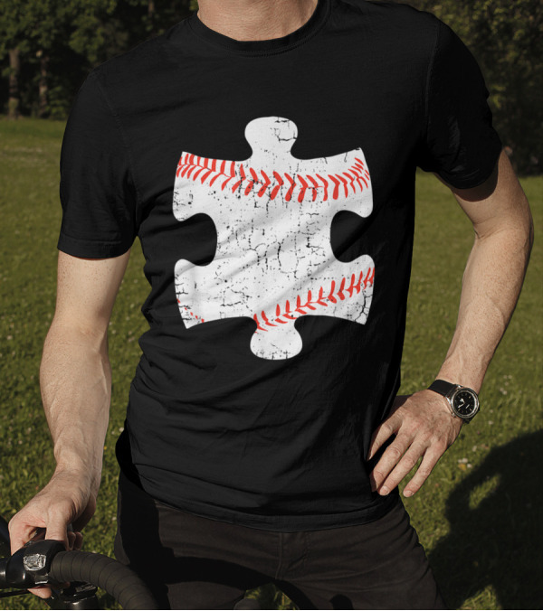 Cracked Baseball Stitch Puzzle Piece Autism Awareness Day T-Shirt