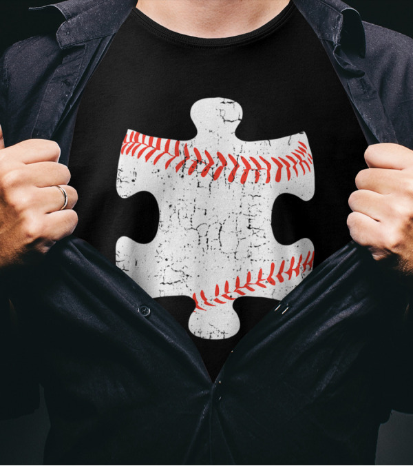Cracked Baseball Stitch Puzzle Piece Autism Awareness Day T-Shirt