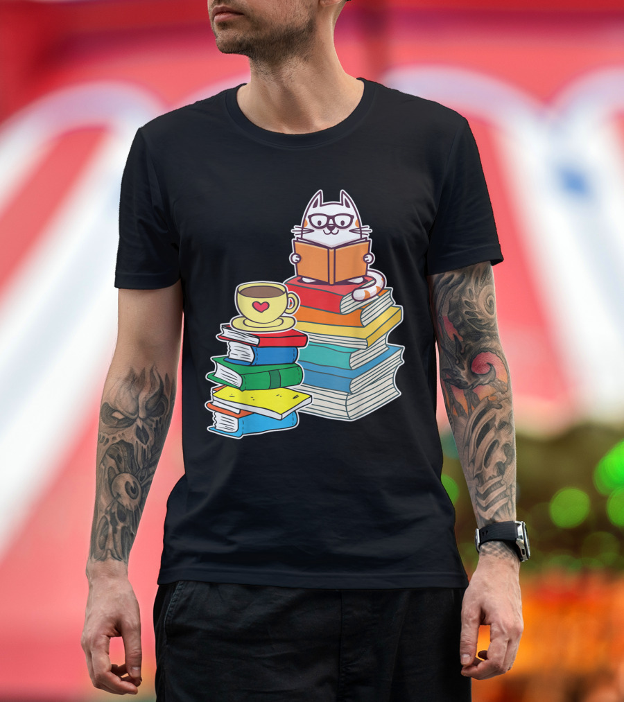 Cat Enjoying Books and Coffee with Heart Motif T-Shirt