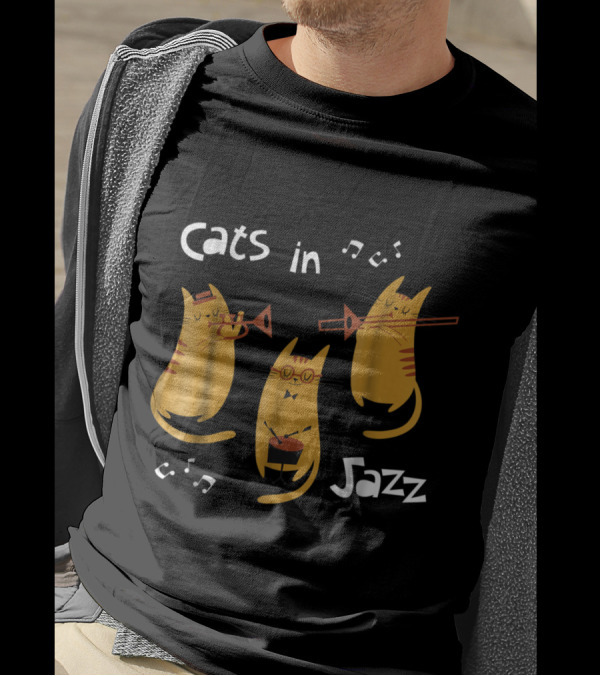 Cats In Jazz Playing Trombone And Drum With Musical Notes T-Shirt