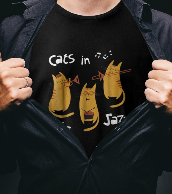 Cats In Jazz Playing Trombone And Drum With Musical Notes T-Shirt