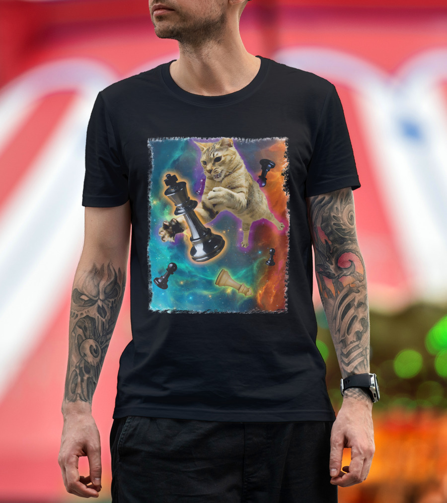 Cats Battling Chess Pieces in Cosmic Space Adventure T-Shirt