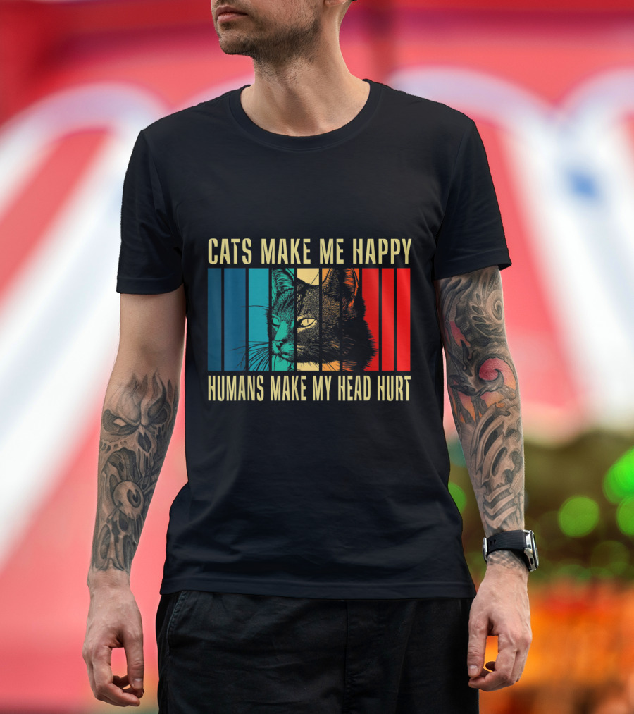 Cats Make Me Happy Humans Make My Head Hurt Retro Cat Stripes T-Shirt