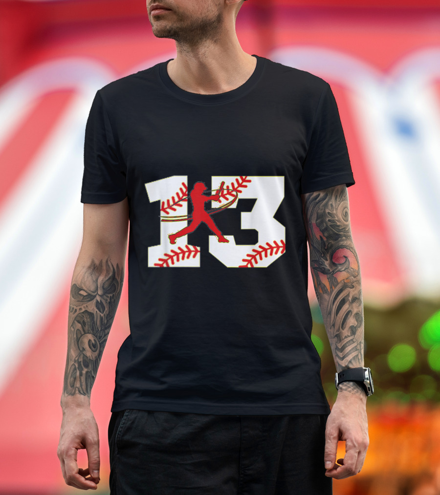 Baseball 13 Jersey Batter Graphic with Red Stitching Number T-Shirt