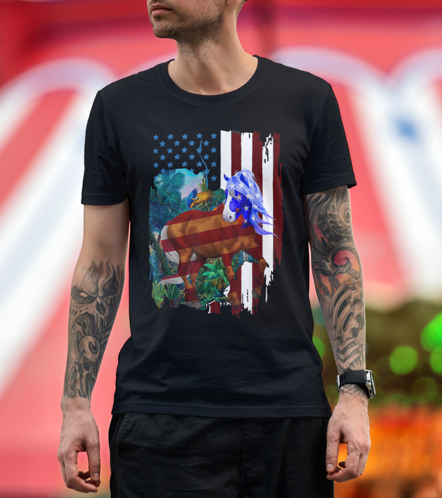 American Flag Horse with Patriotic Stars and Stripes for 4th of July Celebration in Tropical Jungle Setting T-Shirt