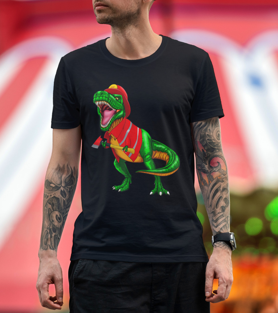 T-Rex in Firefighter Gear Holding an Axe with Red Helmet and Reflective Vest T-Shirt