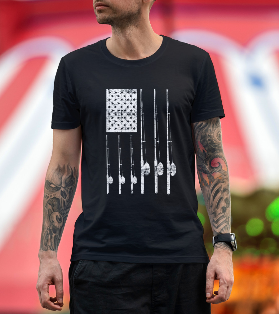 Fly Rod Fishing American Flag Vertical Rods Stars Stripes T-Shirt