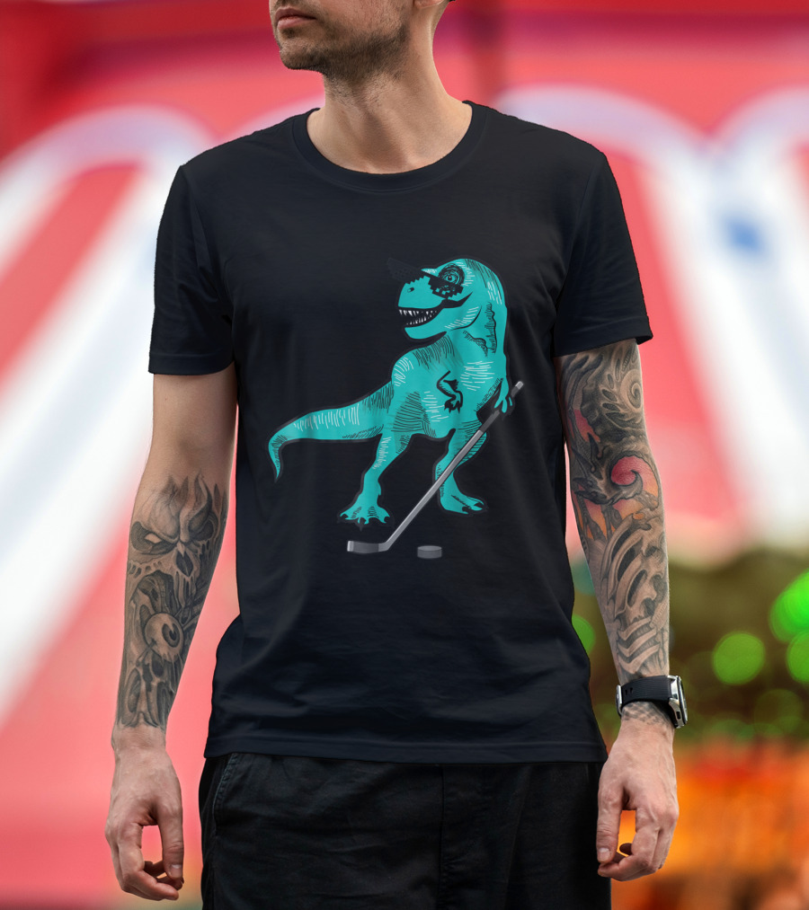 T-Rex Dinosaur with Hockey Stick and Puck Wearing Cool Sunglasses T-Shirt