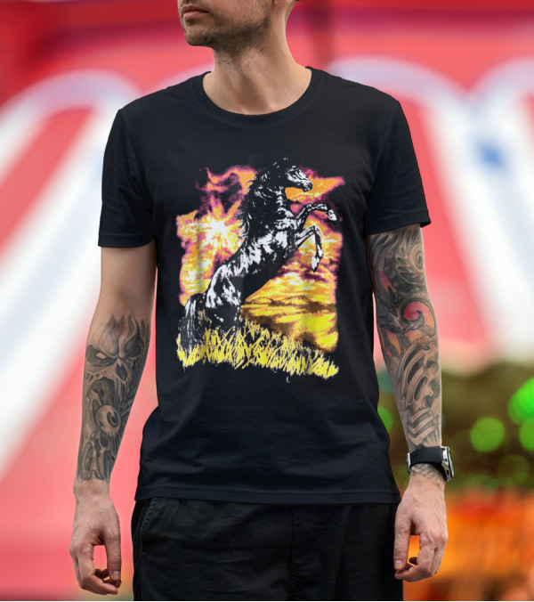 Premium T-Shirt: Rearing Stallion Against Fiery Sunset Scene T-Shirt Rearing Stallion Against Fiery Sunset Scene T-Shirt