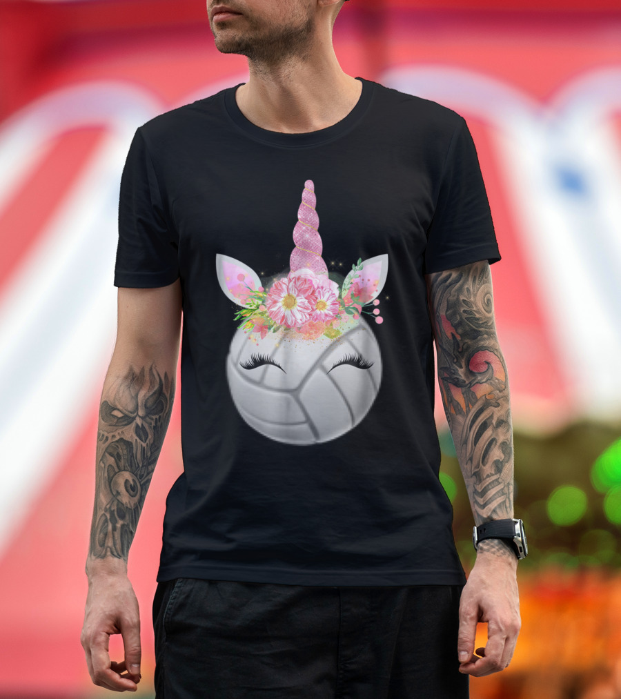 Volleyball Design with Pink Glitter Unicorn Horn and Floral Accents T-Shirt