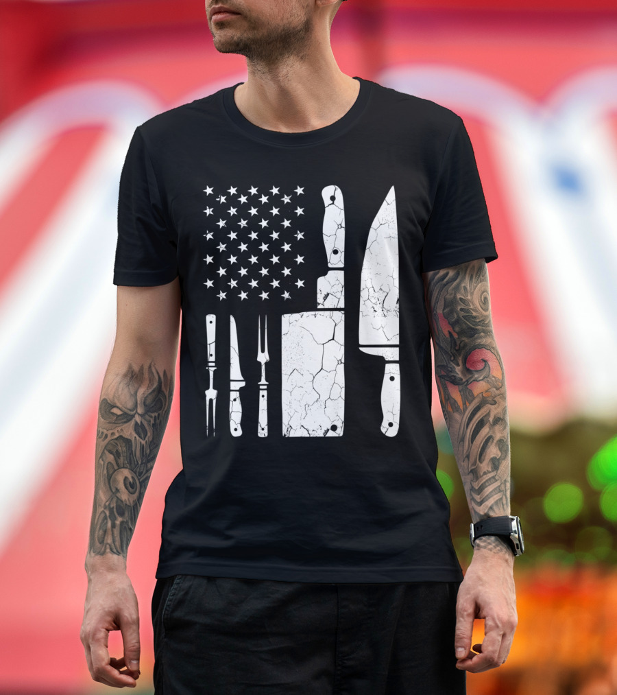 Cracked Vintage Knife Set American Flag Chef Cooking Concept T-Shirt