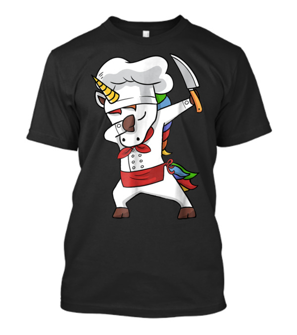 Chef Dabbing Unicorn With Knife In Rainbow Outfit Funny Magi T-Shirt
