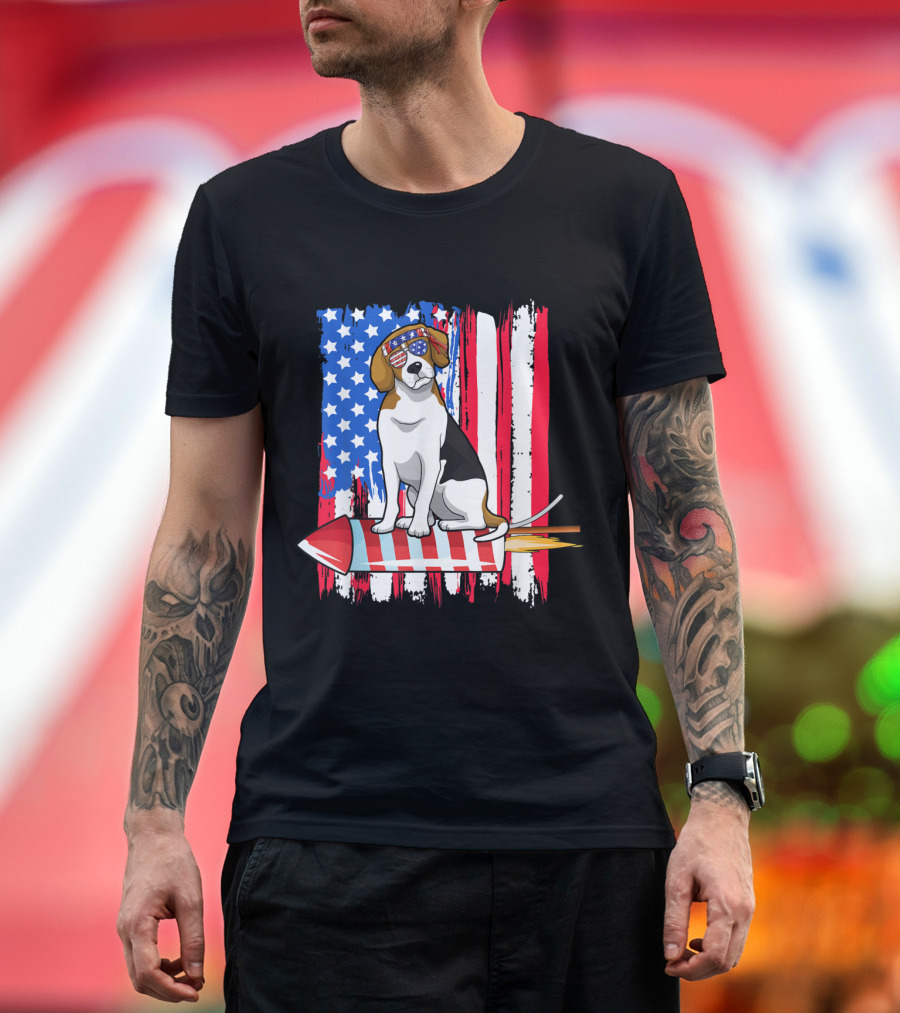 Patriotic Beagle Riding Firework with American Flag for 4th of July T-Shirt