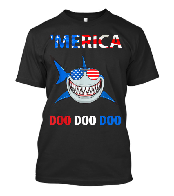 Merica Shark Wearing American Flag Sunglasses Doo Doo Doo 4th Of July T-Shirt