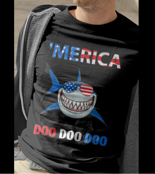 Merica Shark Wearing American Flag Sunglasses Doo Doo Doo 4th Of July T-Shirt