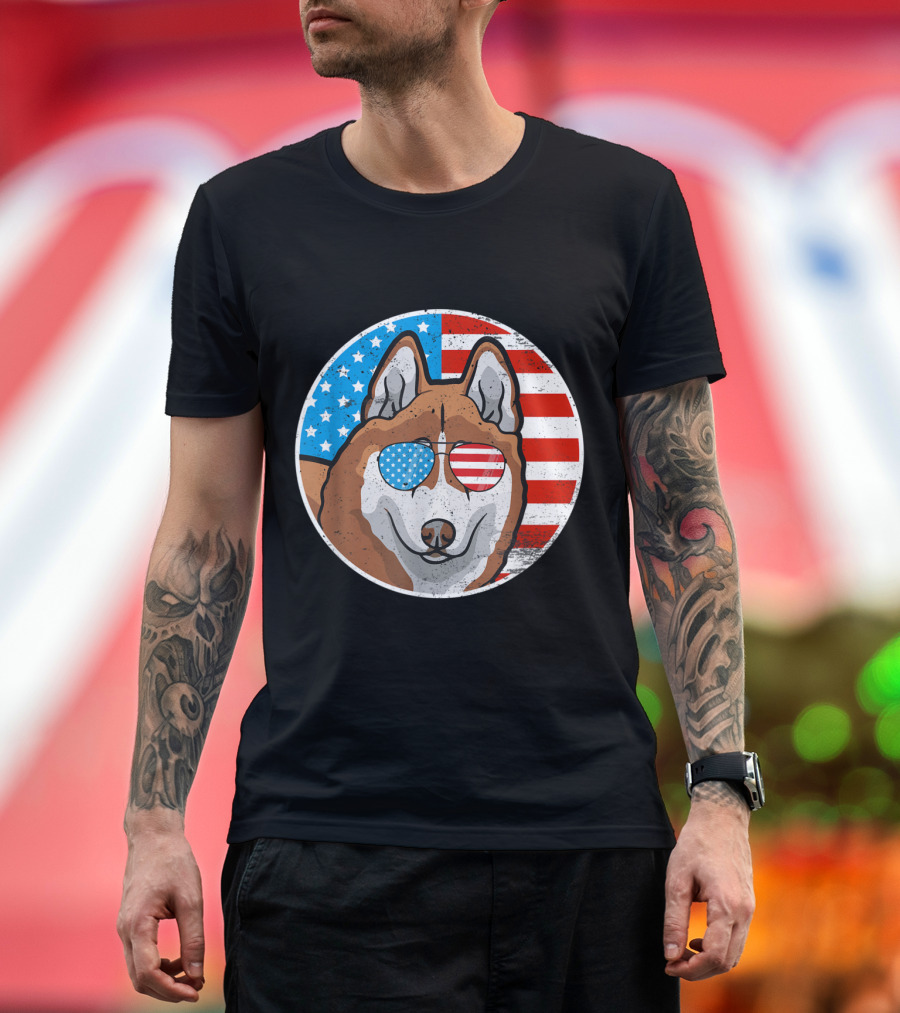 4th of July Akita Dog American Flag Sunglasses T-Shirt