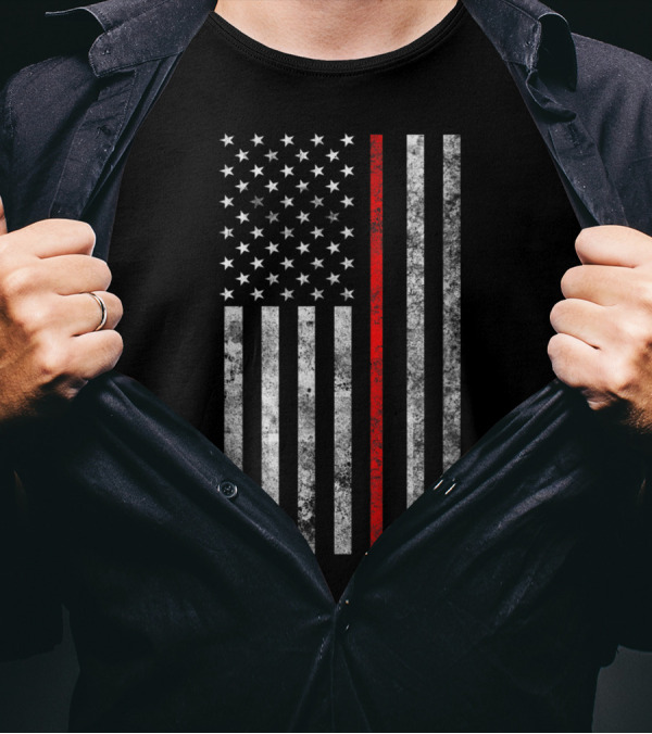 Distressed Thin Red Line American Flag Firefighter Tribute Iconic Symbol Hero Support T-Shirt