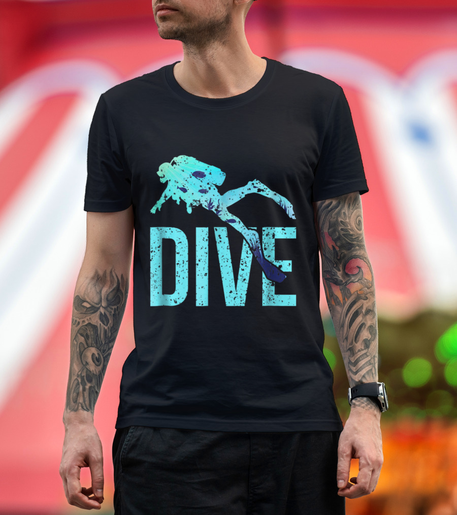 DIVE Scuba Diving Silhouette with Aqua Text and Diver T-Shirt