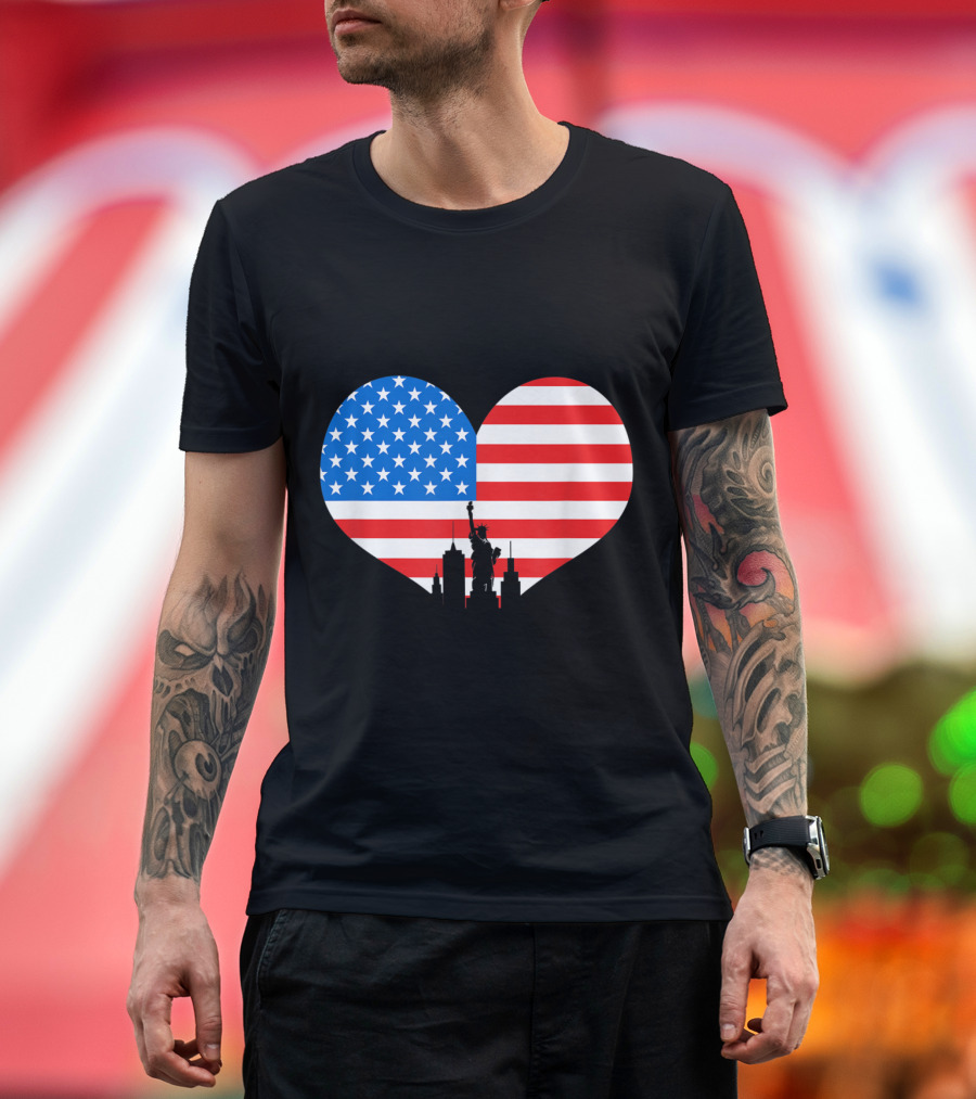 4th of July American Flag Heart with Statue of Liberty T-Shirt
