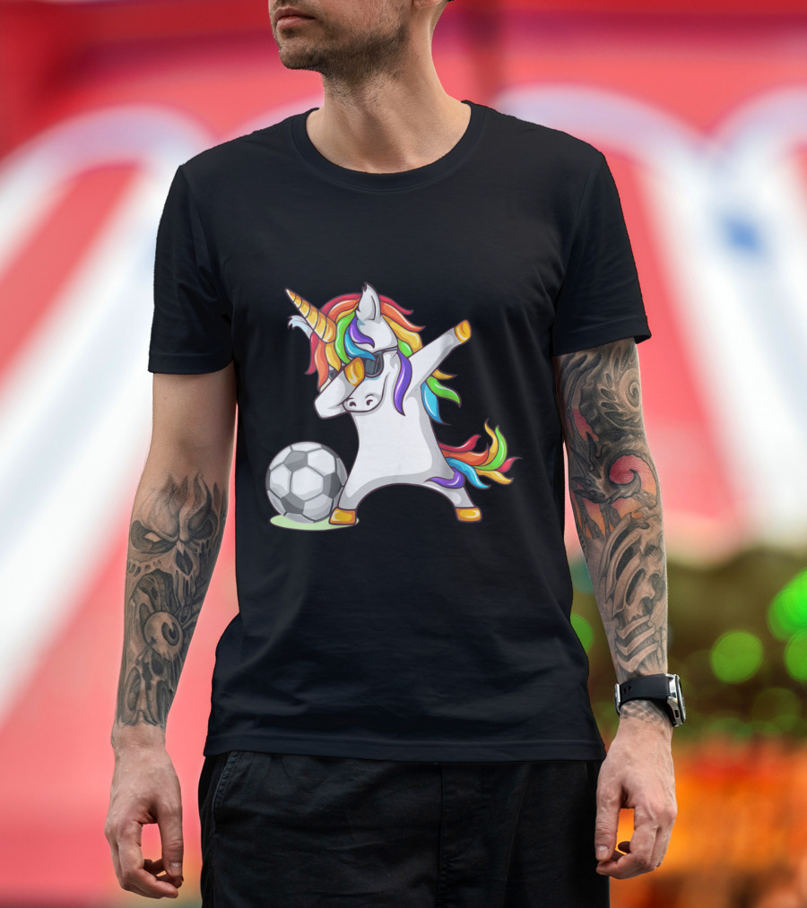 Playful Dabbing Unicorn with Rainbow Mane and Soccer Ball T-Shirt