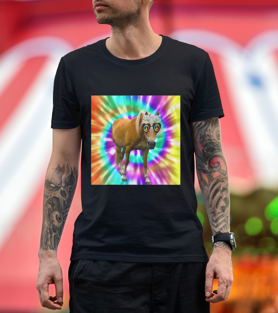 Hippie Horse with Flower Crown Groovy Tie Dye Peace Sign Sunglasses T-Shirt