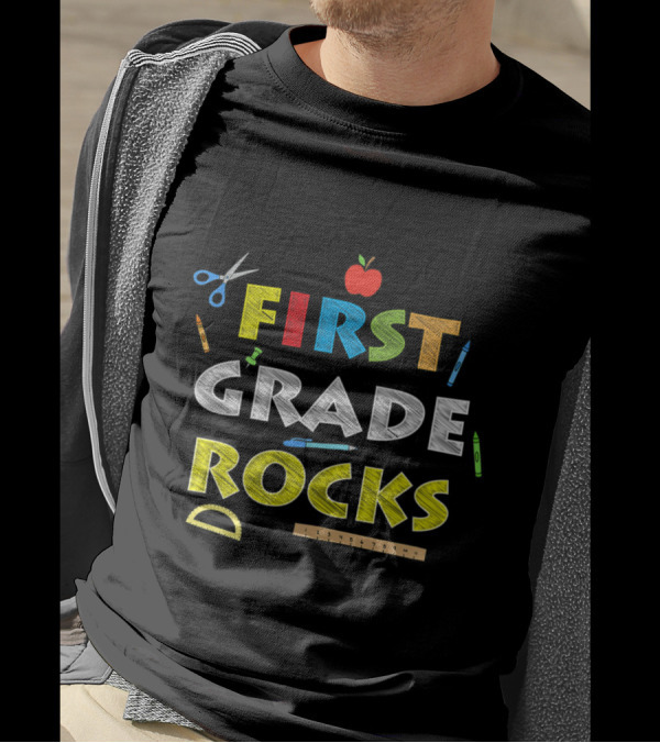 First Grade Rocks Apple Pencil Crayon Scissors Ruler T-Shirt