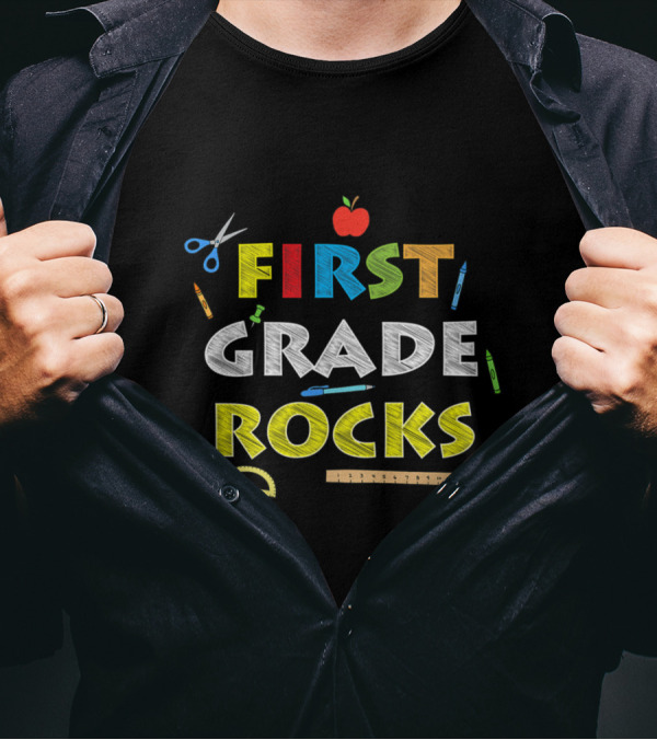 First Grade Rocks Apple Pencil Crayon Scissors Ruler T-Shirt