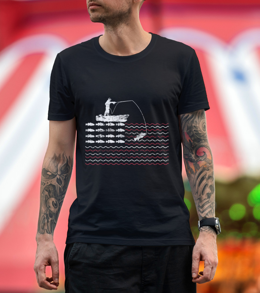 Fishing Boat American Flag Design with Fisher Catching Fish T-Shirt