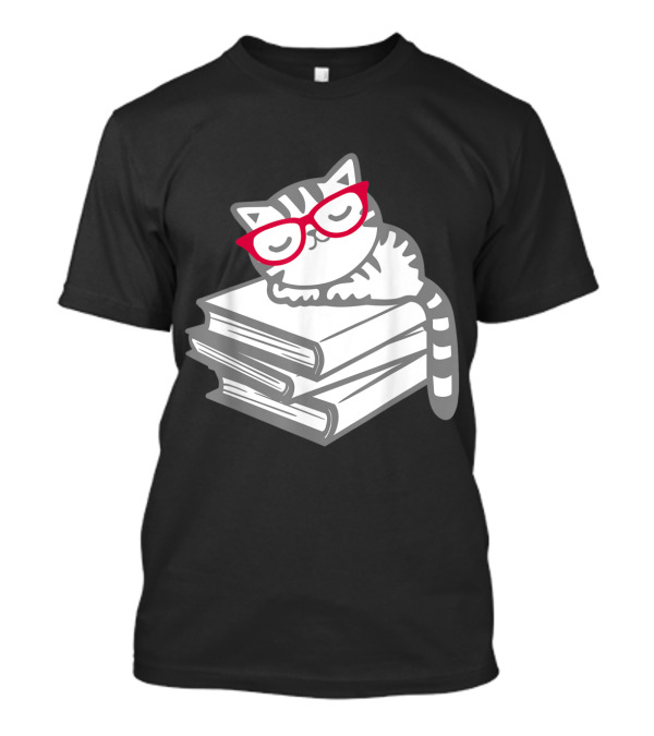 Cat With Red Glasses On Books: Cute Book Nerd Reader T-Shirt