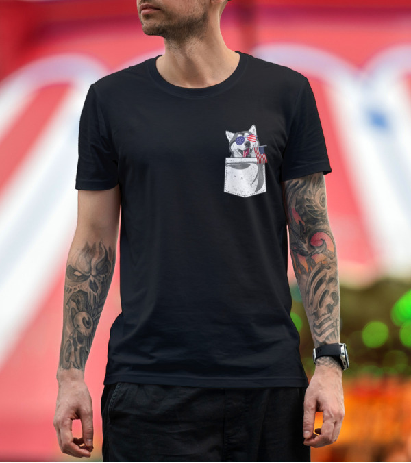 Premium T-Shirt: Patriotic Husky in Pocket with USA Flag Sunglasses Fourth of July T-Shirt Patriotic Husky in Pocket with USA Flag Sunglasses Fourth of July T-Shirt